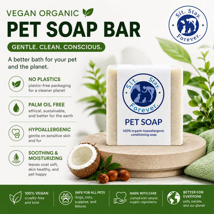 Sit Stay Forever Vegan organic pet soap bar with branding and product details on a green background