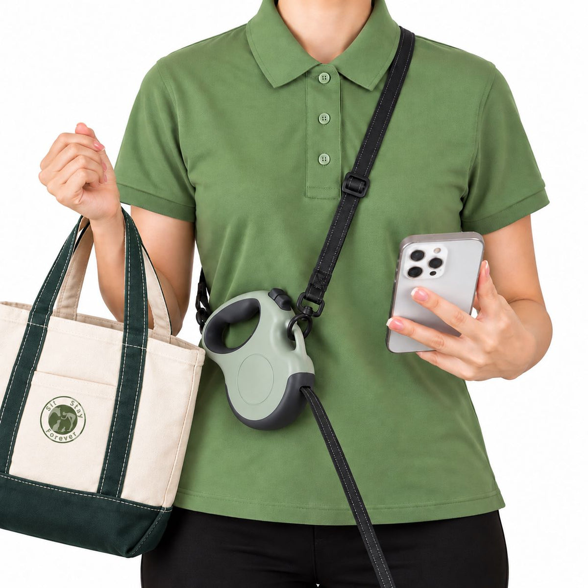 Sit Stay Forever tote and a hands free retractable dog leash worn crossbody on a shoulder strap