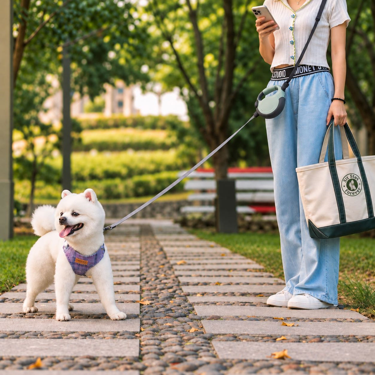 Small dog on a hands free retractable leash worn over the shoulder, with a Sit Stay Forever tote in the park