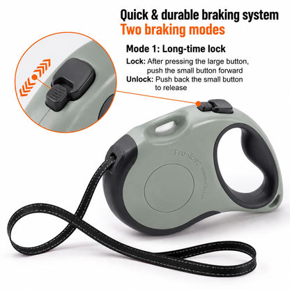 Retractable dog leash brake button with lock