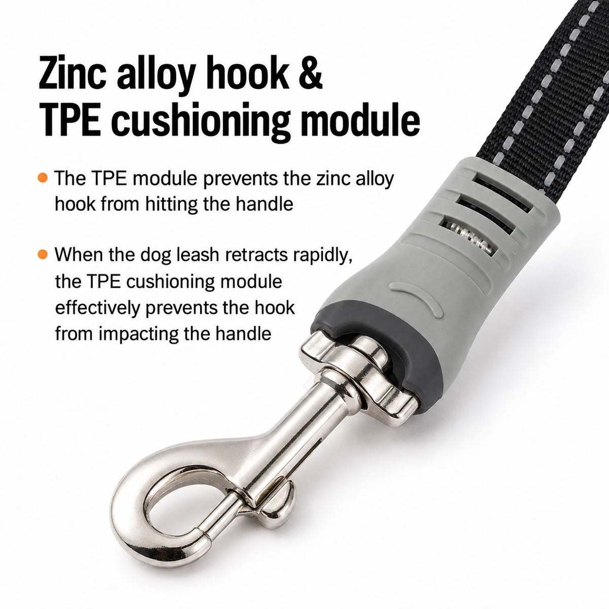 Zinc alloy leash hook with rubber bumper