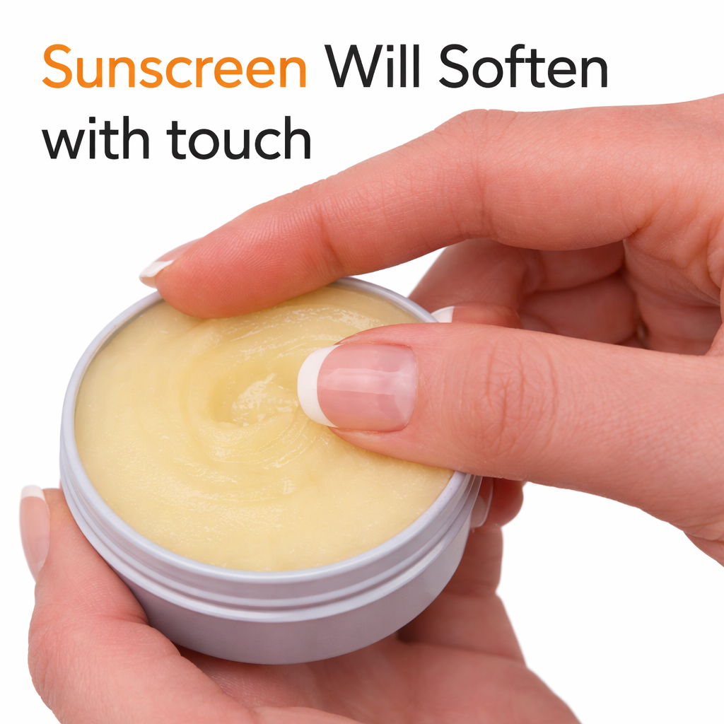 Hand holding a small container of  sit stay forever sunscreen with text indicating it will soften with touch.
