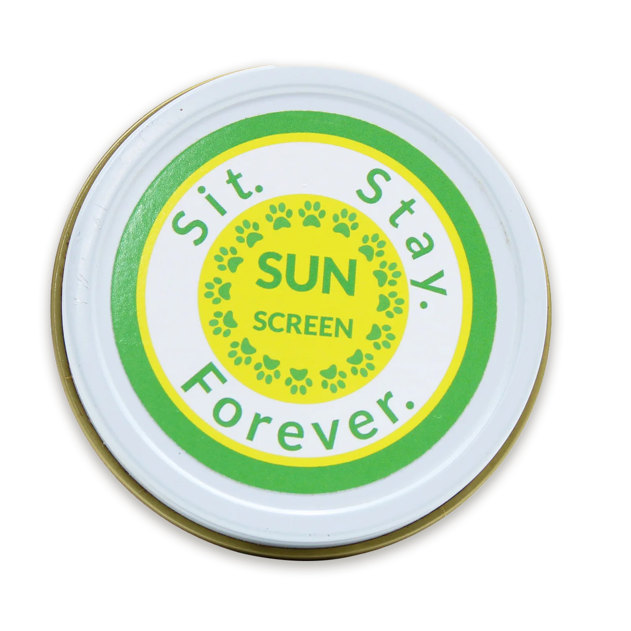 A round tin of sunscreen with a green and yellow label reading Sit.Stay.Forever. SUN SCREEN.