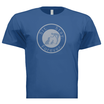 Blue colored 100% Cotton T shirt with Sit.Stay.Forever. light blue logo positioned in the center of the shirt