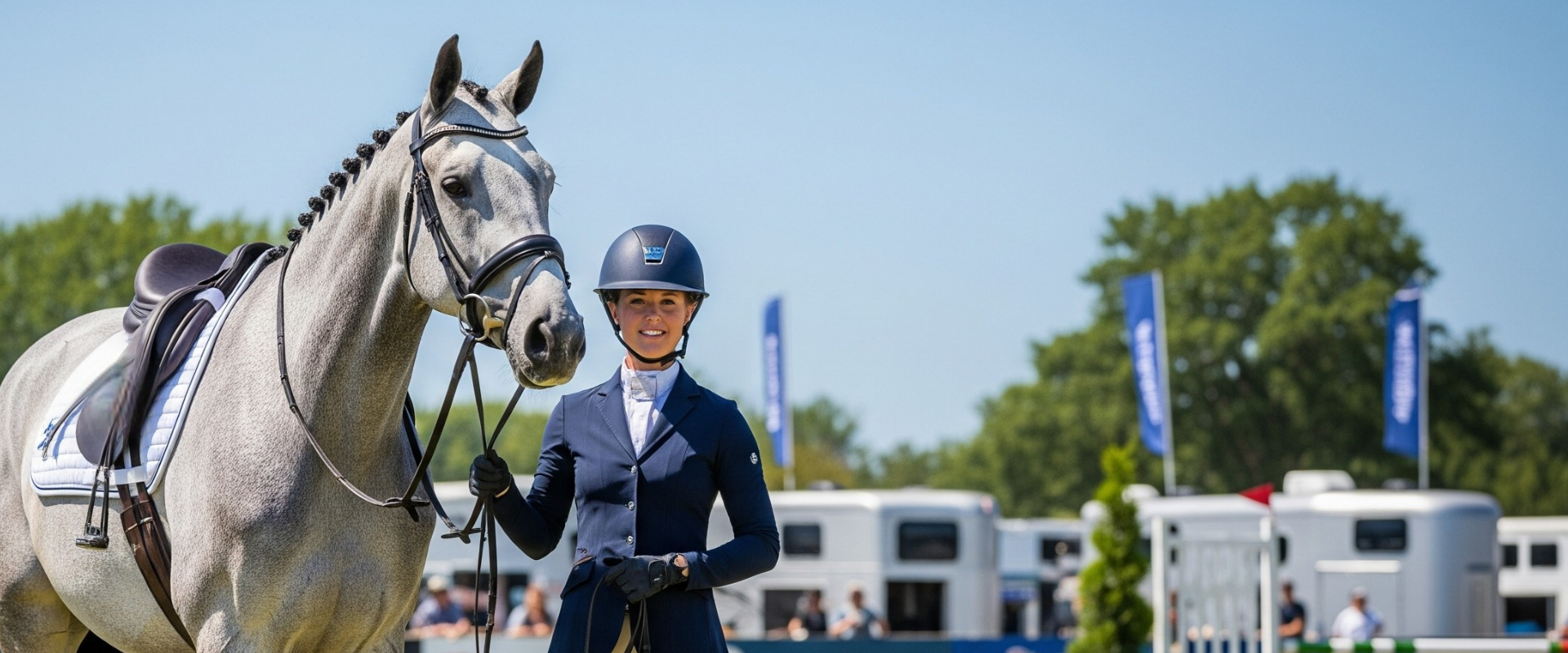 Woman in equestrian attire standing next to a gray horse at an equestrian event.